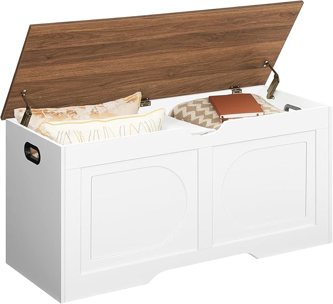 Storage Chest, 39.4” Toy Box, Entryway Storage Trunk, Shoe Bench with Storage, Engineered Wood Storage Cabinet with 2 Safety Hinges, Entrance Bench for Living Room, White + Walnut SCBZ2001