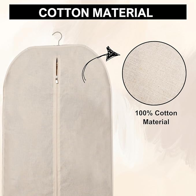 Beige Cotton Garment Bags 24 x 42 Inches with Zipper - Dust Proof Closet Organizer, Easy Storage Travel Bag, Garment Protector for Dress, Suit, and closet storage