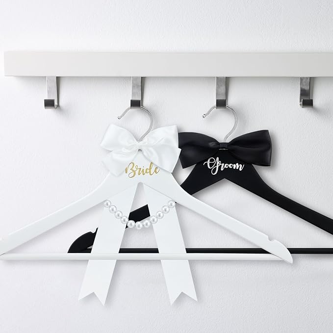 2 Pack Bride and Groom Wedding Hanger Set with Ribbon Bow Wooden Dress Suit Hanger Gift for Wedding Bridal Party Photo Decor(Black and White,Classic)