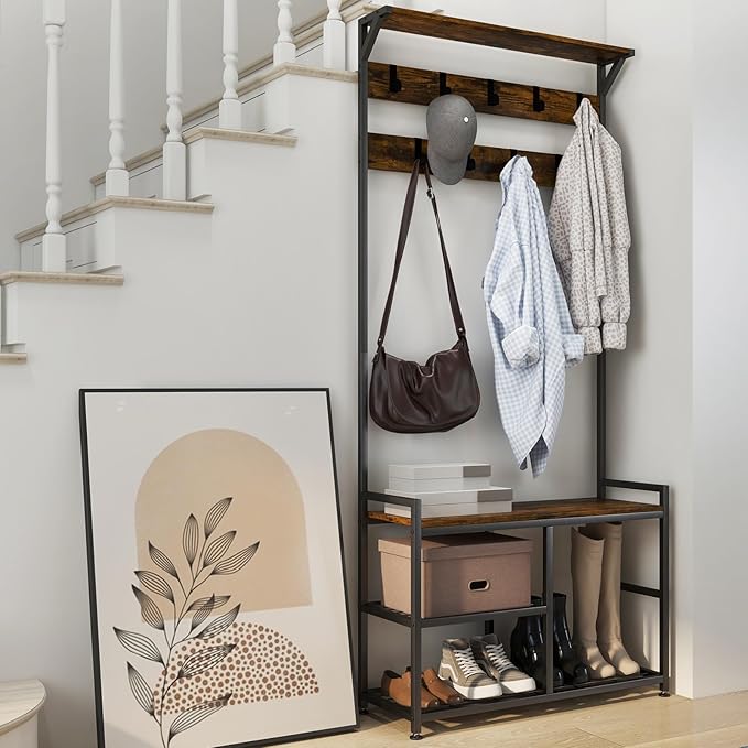 S AFSTAR 3-in-1 Storage Benches Coat Rack with Storage Shelf & 9 Movable Hooks, Industrial Hall Tree with Shoe Bench, Anti-Tipping Device, Shoe and Coat Rack for Entryway Living Room Bedroom, Brown