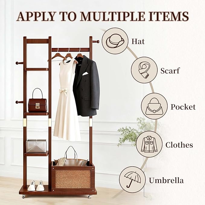Solid Wood Clothes Rack with Wheels - 4 Shelves, 4 Hooks, Storage Basket for Hanging Garment Wallets Hats, Coat Rack Freestanding, Clothing Rack Heavy Duty Hall Tree for Living Room Hallway