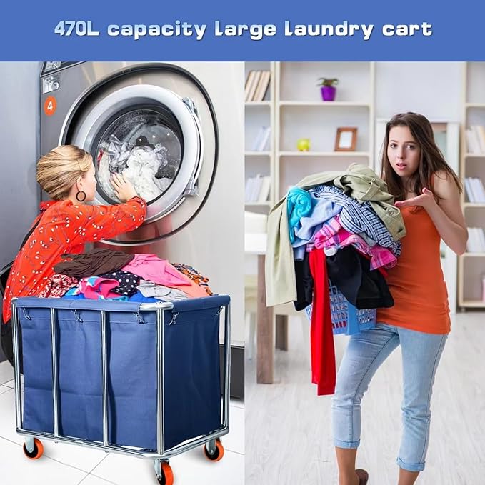 Commercial Laundry Cart with Wheels, 400L Large Capacity Heavy Duty Stainless Laundry Basket,Laundry Sorter for Clothes Storage,330 lbs Load (Blue)