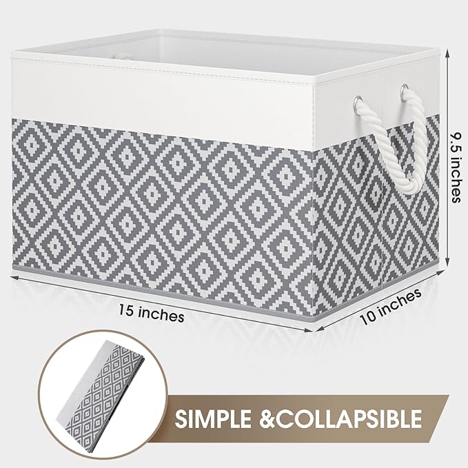 Storage Bins, 6-Pack Large Storage Box with Rope Handles, Collapsible Storage Basket for Organizing Books,Clothes,Rhombic Grey