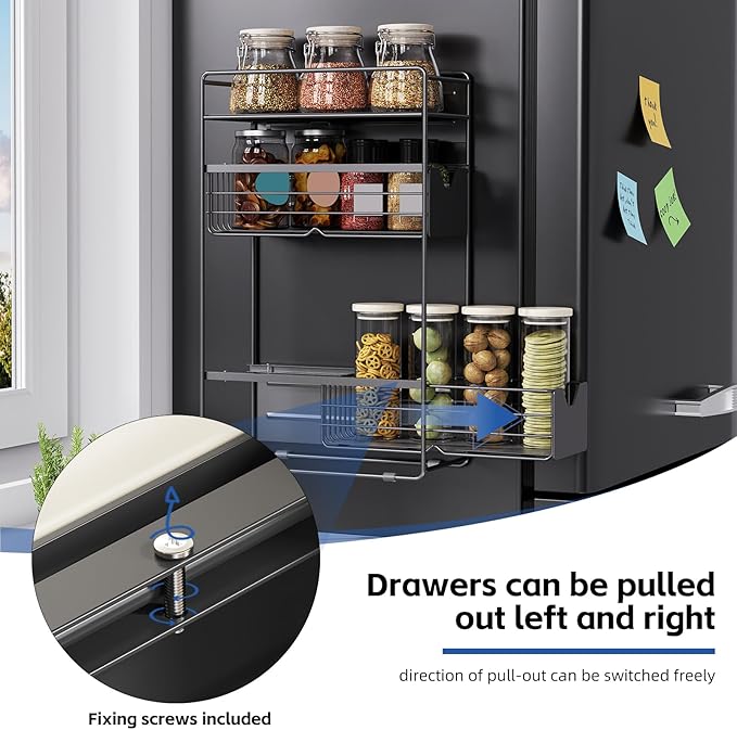 3 Tier Magnetic Shelves for Washing Machine with Pull Out Metal Drawer,Magnetic Spice Rack for Fridge,Magnetic Rack with no Installation, Versatile Storage Organizers for Home (Black, 3 Tier)