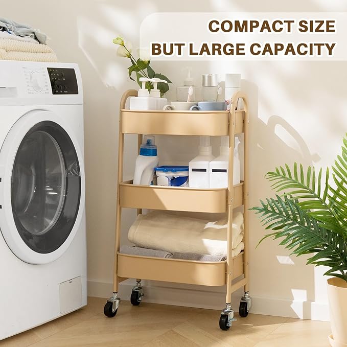 AGTEK 3 Tier Utility Rolling Cart with Lockable Wheels, Metal Multifunctional Storage, Organizer Cart for Kitchen, Office, Living Room, Makeup, Craft, Art Studio, Sand