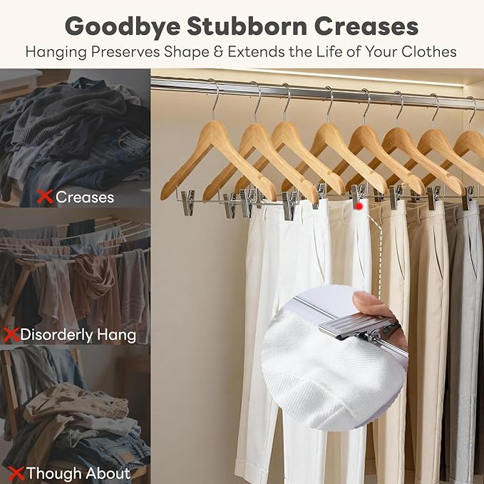 HOUSE DAY 24 Pack High-Grade Wooden Suit Hangers Skirt Hangers with Clips Solid Wood Pants Hanger Natural Smooth Finish Premium Wood Hanger with Durable Metal Clips for Blouse, Dress, Coat, Jacket