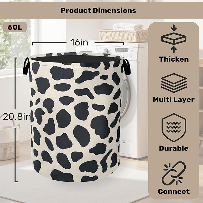 Cow Pattern Laundry Basket with Handles - Extra Large Foldable Hamper for Bathroom/Laundry/Bedroom/Dorm, Washable Fabric Storage Bin