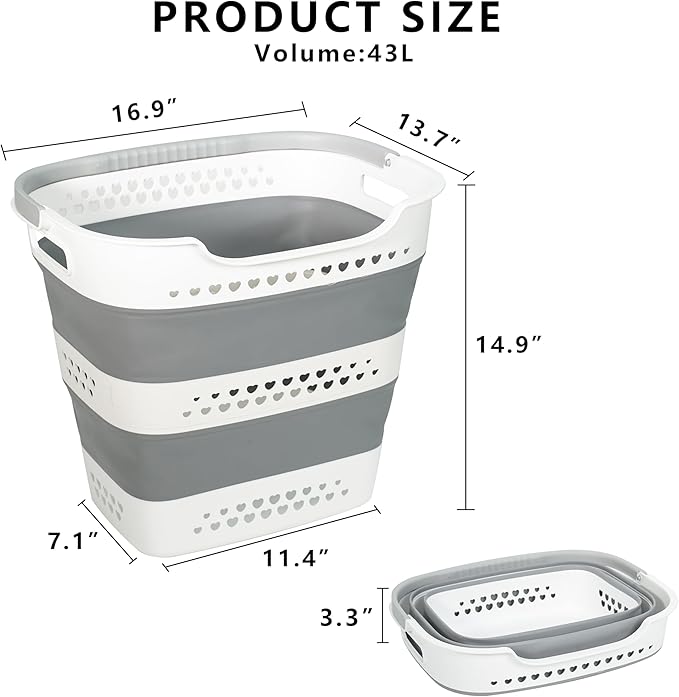 Large Collapsible Laundry Baskets for Dirty Clothes, Plastic Laundry Hamper for Dorm Bedroom Blankets, 43L Foldable Clothes Hamper for Laundry, Space Saving Pop-Up Storage Container/Organizer