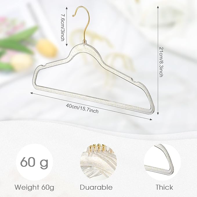 Weysat 20 Pcs Clear Acrylic Hangers Plastic Gold Glitter Coat Hanger Non Slip Space Saving Suit Heavy Duty Clothes Hanging with Non Slip Notches for Coats Pants Dress Clothes