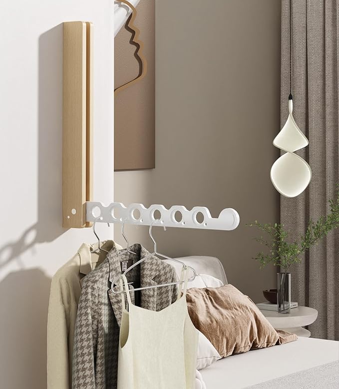 Natural Wood Folding Clothes Hanger Rack for Laundry Room, Wall Mounted Clothes Drying Rack, Laundry Drying Rack Foldable, Perfect for Small Spaces, Beech Wood White
