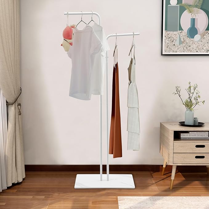 67in-White Clothing Rack with Base, Double Rod Freestanding Coat Rack Hanging Clothes, Bags, Hat and Shoes for Entryway Bedroom Garment Organizer, Clothing Stores Boutique Retail, Studio