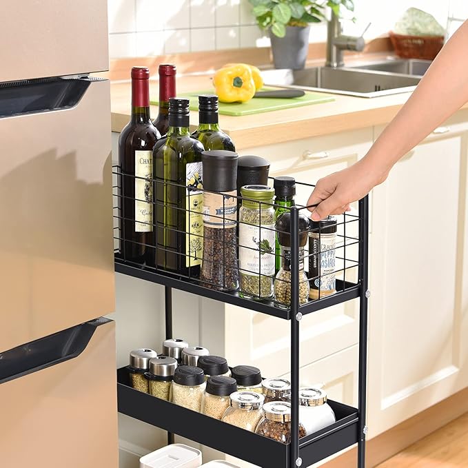 APEXCHASER Slim Storage Cart,3-Tier Metal Utility Rolling Cart with Wheels,Slide Out Storage Cart,Small Rolling Trolley Kitchen Cart,Black Cart for Bathroom Laundry Room Office Narrow Place,Black