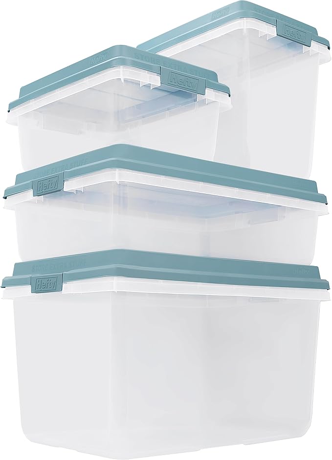 Hefty HI-RISE Stackable Storage Bins - Under Bed Storage Containers with Lids, Shoe Organizer, Plastic Storage Bins, Clear Shoe Boxes with XL Lid-Locking Latches, Durable Double Rim - 72qt (6 Pack)
