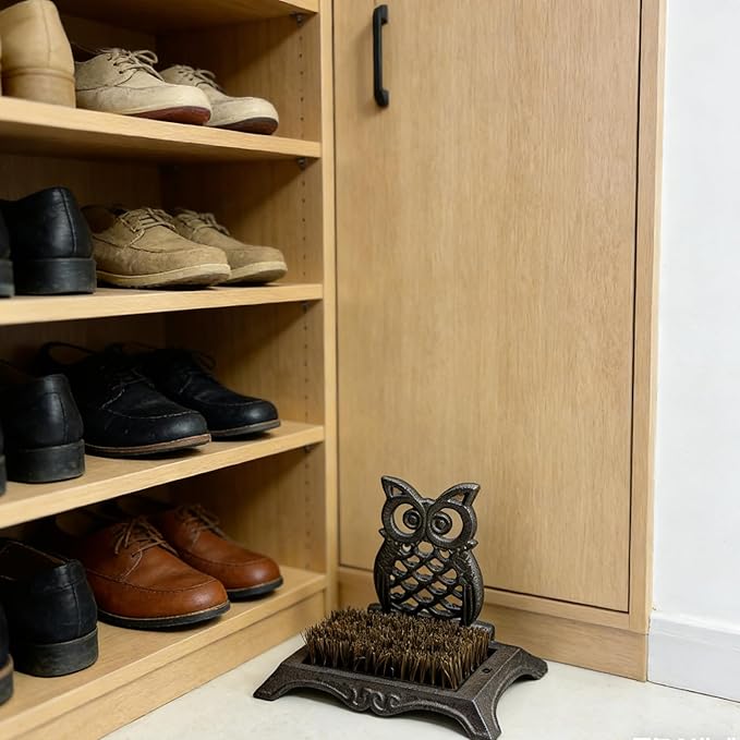 Cast Iron Shoe Brush Owl Shape 7.5 Inch Height Decorative Rust Brown Shoe Scraper and Cleaner for Entryway, Home, Patio HC8298