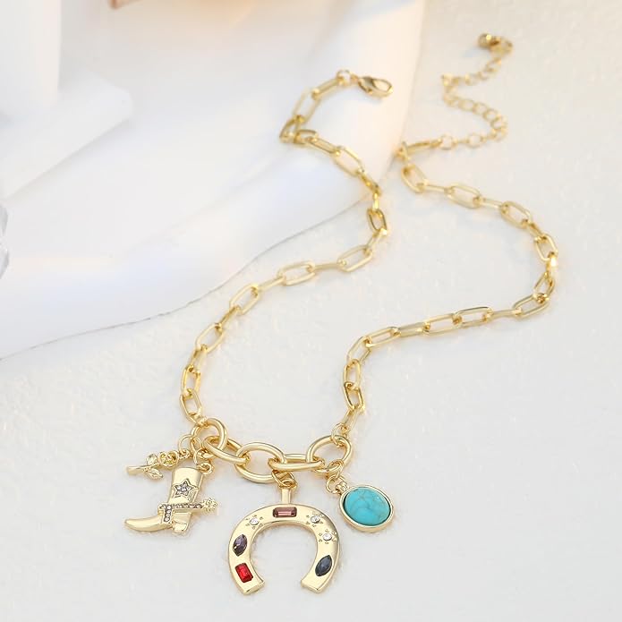Chunky Gold Necklace for Women Gold Evil Eye Cowboy Pendant Necklace Dainty Paperclip Chain Vintage Luck Amulet Choker Necklaces Celestial Jewelry Gift