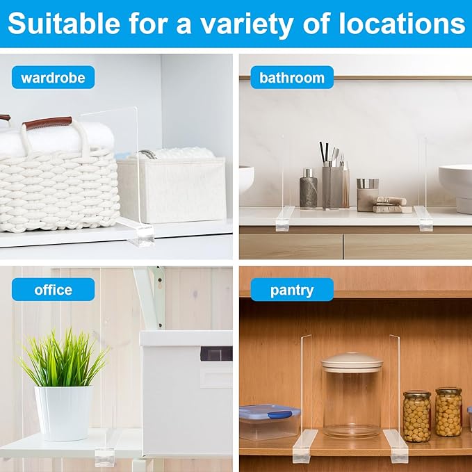 Shelf Dividers 12 Pack Acrylic Shelf Dividers for Closet Organization, Clear Acrylic Shelf Divider, Adjustable Acrylic Separator Bag Closet Divider Bookshelf Divider (11” x 8”)