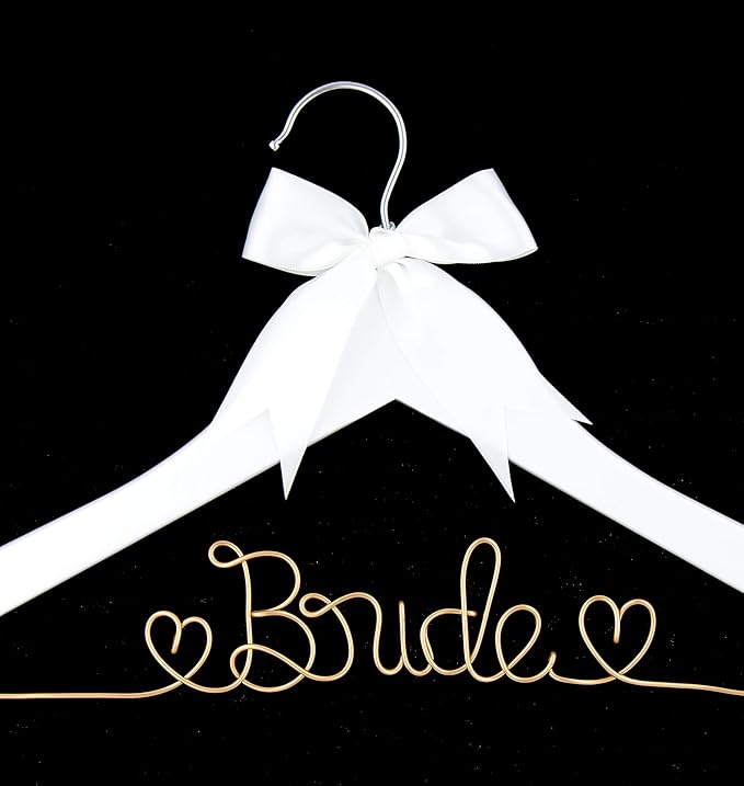 Bride to Be Wedding Dress Hanger Wooden and Wire Hangers for Brides Gowns, Dresses (White with Light Gold and Bow)