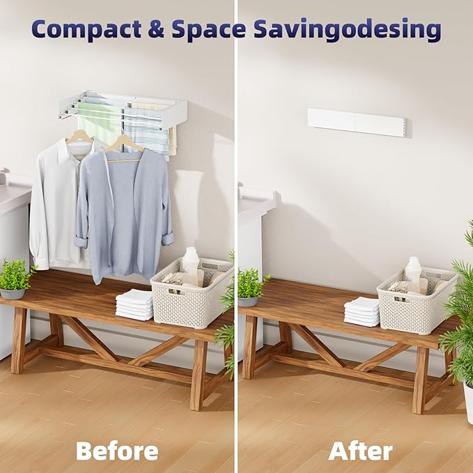 Laundry Drying Rack - Collapsible Wall Mounted Rack, 23.6" Wide, 11.2 Linear Ft, 4 Aluminum Rods, 60 lb Capacity (White)