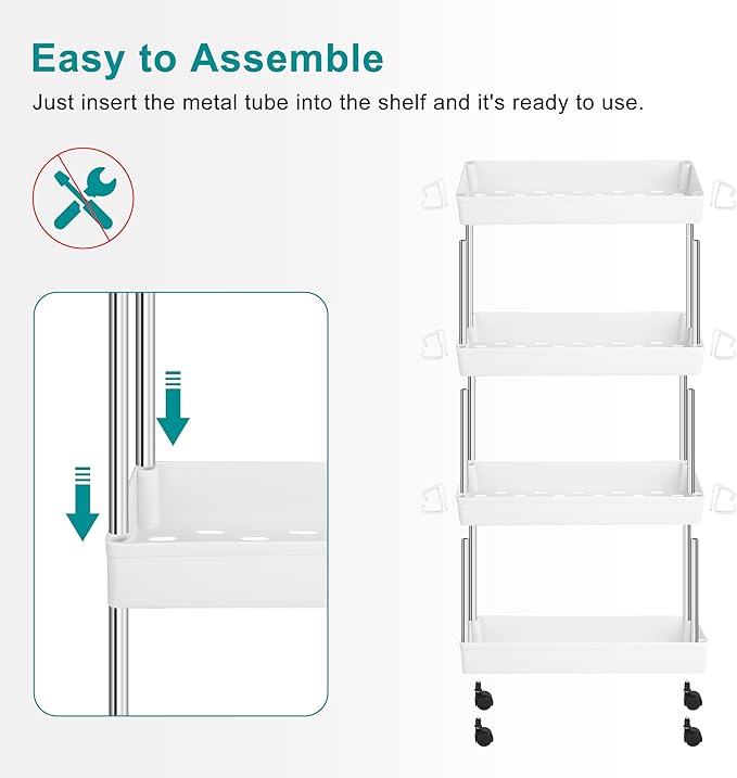 YSSOA Rolling Storage Cart, 4 Tier Slim Mobile Shelving Unit for Storage,360° Rotating Wheel Lockable Utility Cart,Great for Office, Kitchen, Bathroom, Laundry or Narrow Spaces, White