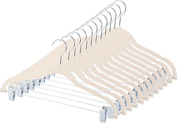 Velvet Pants Skirt Hangers with Clips - Pack of 20 Beige Shirt Clothes Felt Non Slip Heavy Duty Slim Hanger Set for Skirts Pant Suit Shorts Women Dress,Space Saving with Two Metal Clip