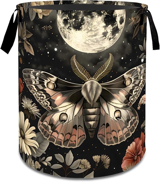 Mystical Moth and Moon Laundry Basket,Dirty Clothes Hamper,Retro Insect Floral Storage Bin Gifts,Foldable Waterproof Oxford Cloth Baskets for Bedroom,Bathroom,Home Decoration(19.7" x 15.8")