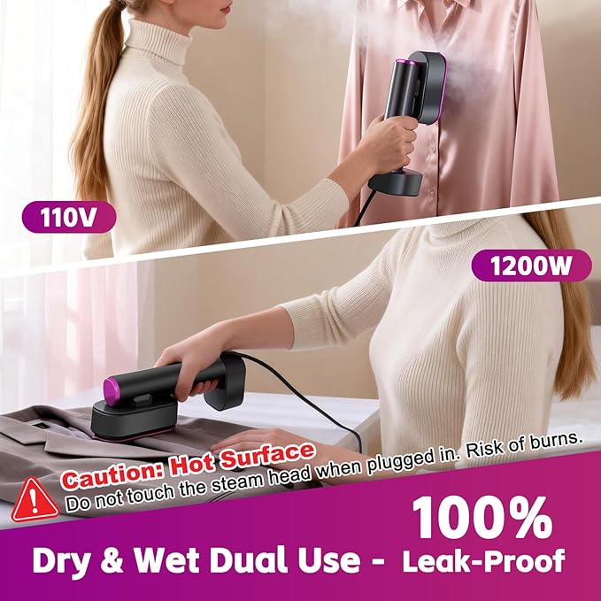 Portable Travel Steamer for Clothes & Steam Iron, 1200W Fast Heat, 6 Fabric Modes with LED Display, 190ml Tank, 2-in-1 Handheld Garment Steamer, 120V