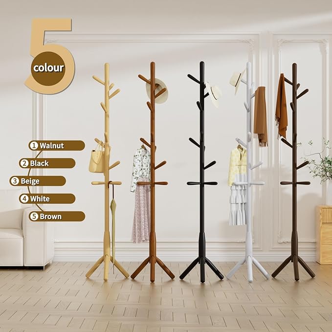 Solid Wood Coat Rack, Freestanding Tree-Shaped Coat Rack with 11 Hooks, Main Pole 1.6" dia for Clothes, Hat Stand Used in Bedroom/Office/Entryway (3-Leg Base, White)