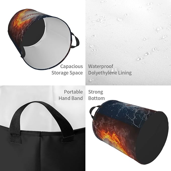 Dujiea Baseball in Fire and Water Laundry Basket Round with Handle, Collapsible Foldable Canvas Storage Bin Dirty Clothes Bag for Laundry/Toys Organizer/College Dorm/Nursery/Decor(2 Sizes)