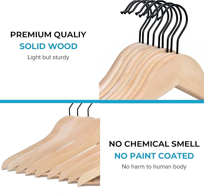 JS HANGER Wooden Coat Hangers, 30 Pack High Grade Wood Suit Hangers with Non Slip Pant Bar - Extra Smooth and Splinter Free, Unvarnished