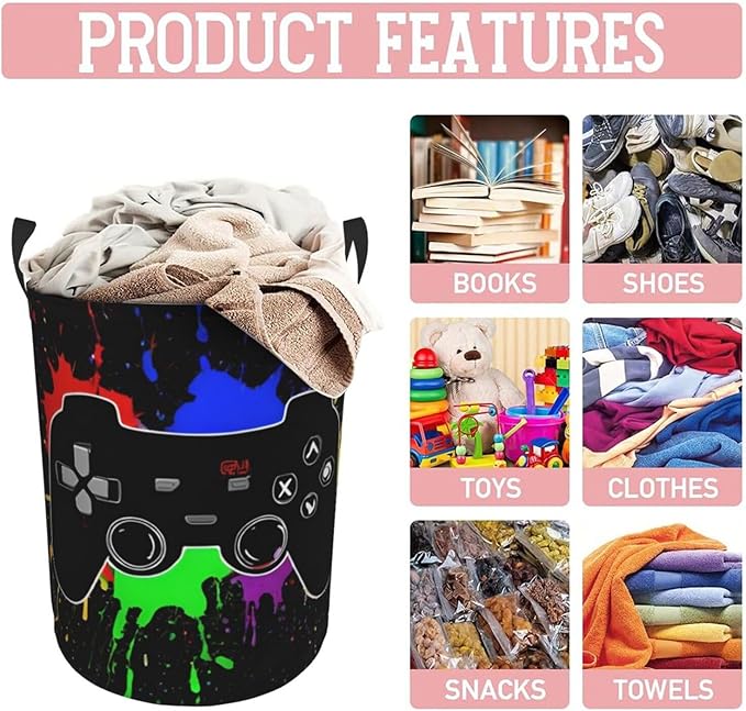62l Round Laundry Hamper Game Joystick Storage Basket Waterproof Coating Organizer Bin For Nursery Clothes Toys