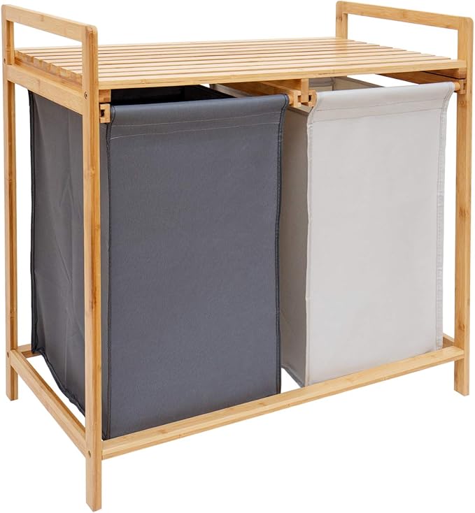 Bamboo Laundry Hamper and Shelf, 2 Sections Basket with Removable Liner, Dual Compartments Organizer and Storage, Wooden Sorter with Sliding Handles