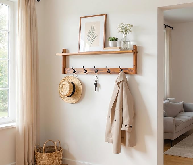 29Inch Wall Mounted Coat Rack with Hooks and Shelf - Large Rustic Wood Coat Hangers for Hats, Keys, Towels, Robes – Functional Entryway Wall Organizer for Bathroom, Kitchen, Mudroom – Brown