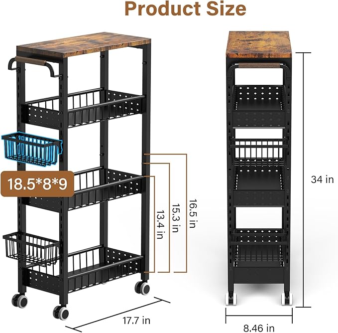 7.8 Inch Ultra-Slim 4-Tier Rolling Storage Cart with Adjustable Shelves - Lockable Wheels & Wooden Top for Narrow Spaces Between Washer/Dryer, Bathroom, Kitchen Organization (Black)