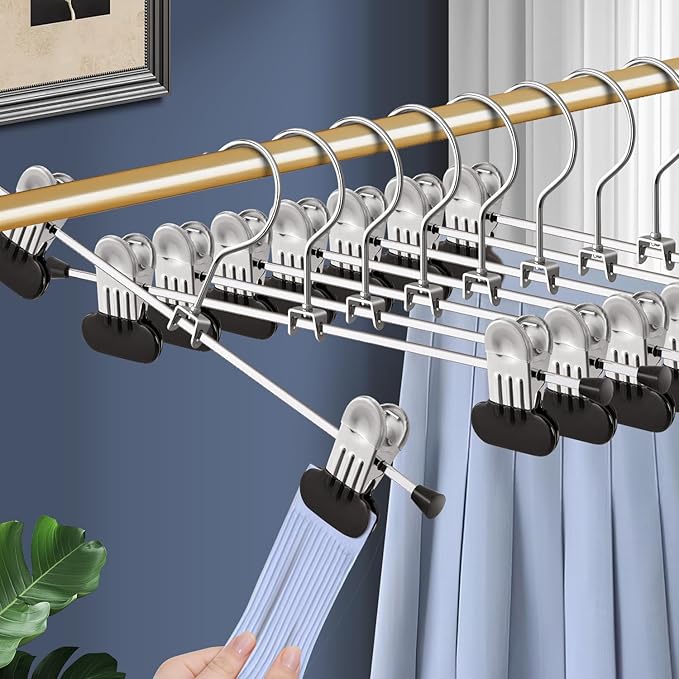 Pants Hangers with Wide Clips 50 Pack Adjustable Skirt Hangers for Women Non-Slip Clothes Hanger for Pants Heavy Duty Space Saving Trousers Hanger for Jeans,Shorts Black,12Inch