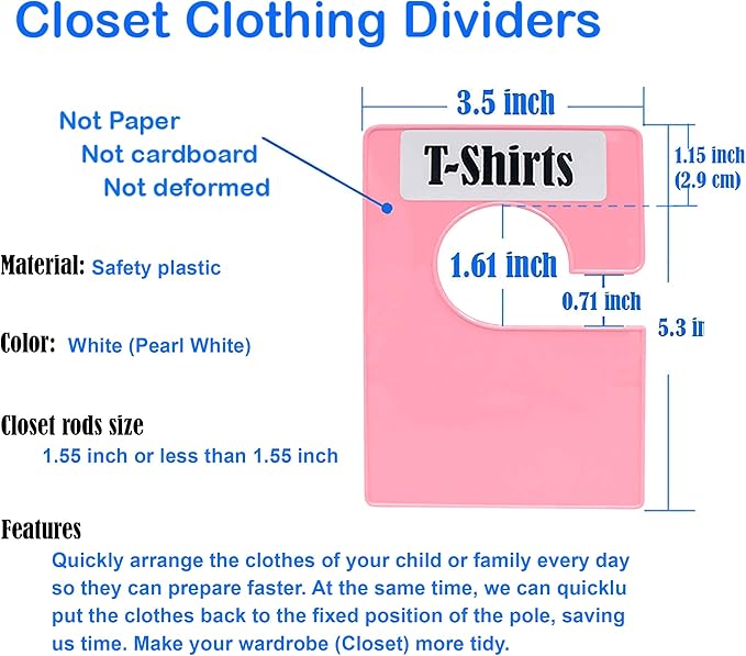 10 Pack White Clothing Rack Size Dividers Plus 45 Labels (1 Inch) and 18 Large Blank Labels, Large Rectangular Clothing Closet Dividers (Pink)