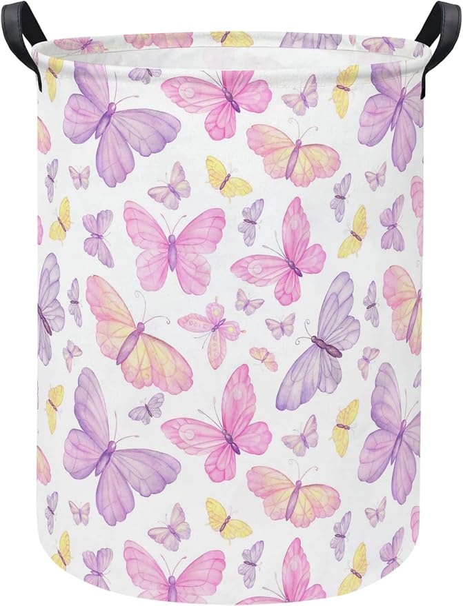 Baby Laundry Hamper kids laundry Basket Waterproof Storage Bin for Bedroom Toy Clothes Organizer Basket Woodland Animals Room Décor(Pink Butterfly)