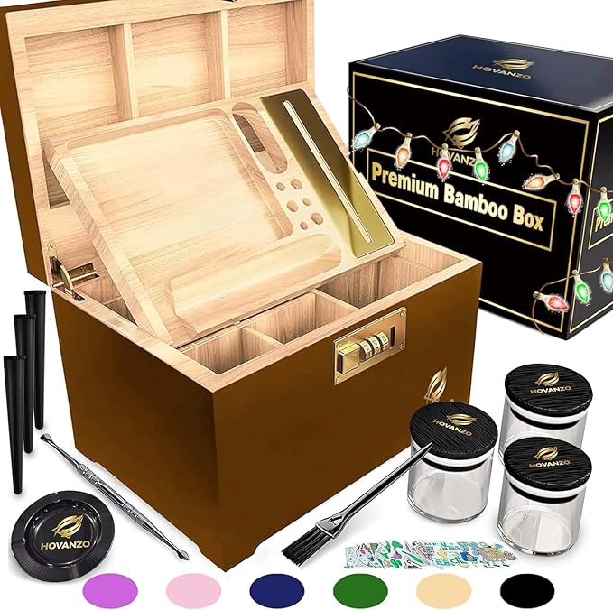 HOVANZO Premium Large Bamboo Storage Box with Removable Tray - Storage Wood Box for Herbs and Accessories - Storage Box Set with Combination Lock - Smell Proof Container with Accessories