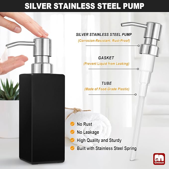 GMISUN Black Soap Dispenser, Hand Soap Dispenser Bathroom, 12 fl oz/350ml Glass Soap Dispensers with Stainless Steel Pump, Refillable Liquid Dish Dispenser for Kitchen, Modern Soap and Lotion Bottles