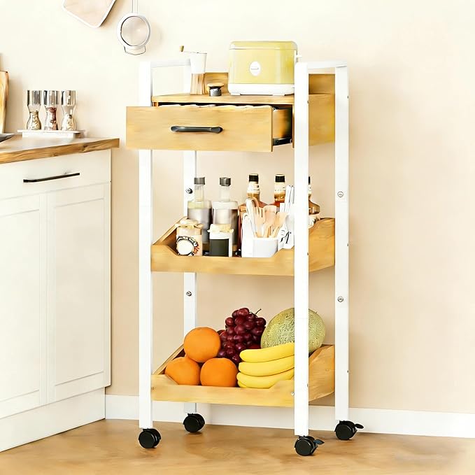 Hoctieon 3-Tier Rolling Storage Cart with Drawer, Rolling Utility Cart Organizer, Mobile Shelving Unit with Wheels, Metal Frame, Kitchen Utility Cart for Small Space, Office, Bathroom, Oak Beige