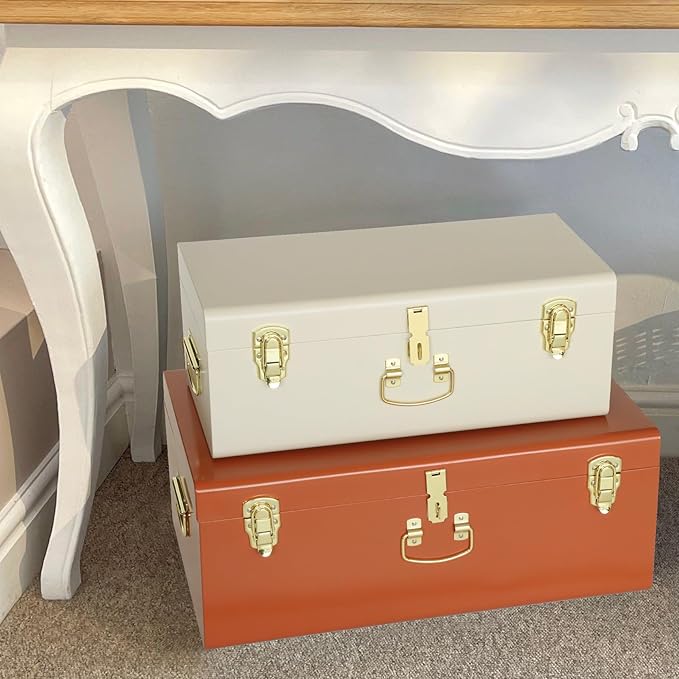 Vixdonos Decorative Large Metal Box Storage Trunk Chest Set of 2 College Dorm Organizer with Hardware Hasps and Handle for Home Deocr,23.7X14.2X9.5 Inches(Beige and Orange)