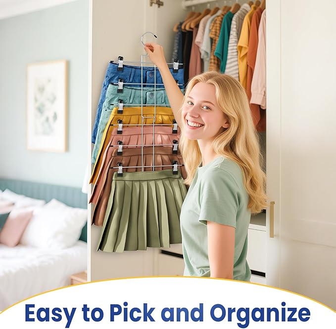 DAMITA Skirt Pants Hangers with Clips Space Saving Hanging Closet Organizer 6 Tiers Hanger with 360° Swivel Hook, Finger-Safe Design- College Dorm Room Apartment Essentials 4-Pack