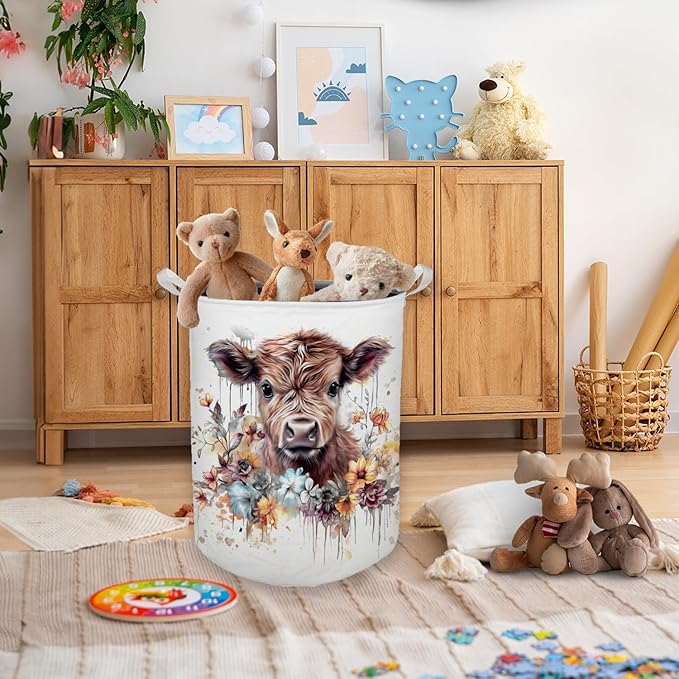 Cow Laundry Basket, Farmhouse Floral Cow Waterproof Collapsible Laundry Hamper Dirty Clothes Storage Toy Bin Organizer for Bathroom Bedroom Nursery Girls Kids Room