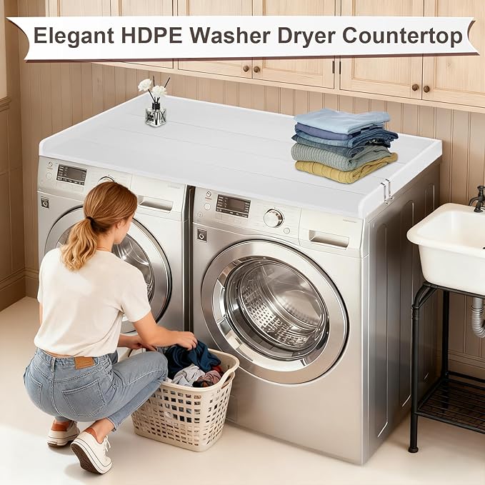 Washer Dryer Countertop, HDPE Laundry Countertop with Edge Rails, No-Installation-White