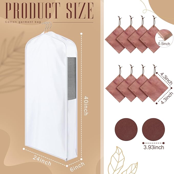 2 Sets 40'' x 24'' x 6'' Short Cotton Garment Bags for Hanging Clothes and Storage, 8 Cedar Blocks for Fresh Smell and Moth Protection, Breathable Covers for Closet Suits Fur Coats Sweaters