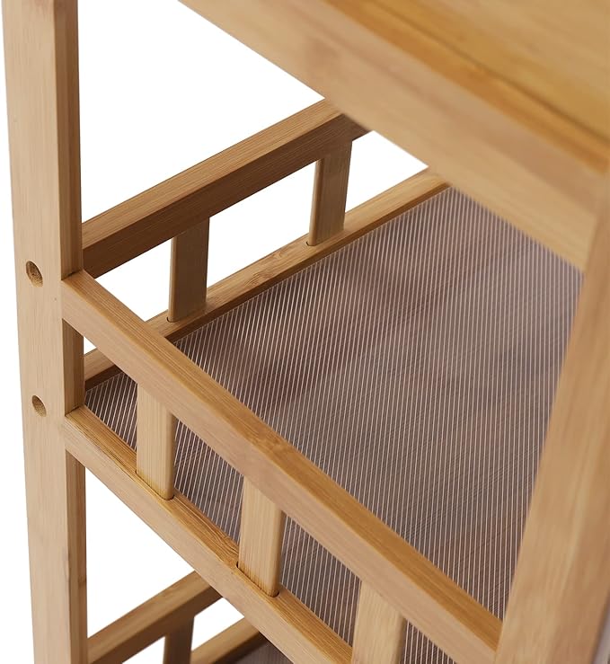 3 Tiers Bamboo Home Rolling Kitchen Trolley w/Storage Drawer Stand, Bamboo Kitchen Storage Cart, Natural Appearance, Rounded Corners, for Kitchen, Bathroom,Laundry,Living Room