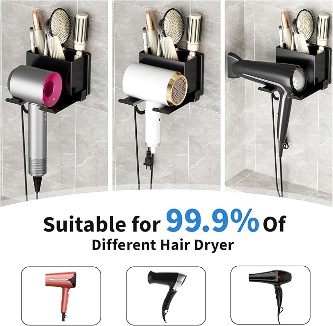 Hair Dryer Holder Wall Mounted, Hair Tools Organizer, Bathroom Space-Saving Blow Dryer Organizer Curling Irons Storage Wall Mounted Black (Self-Adhesive and Drilling)