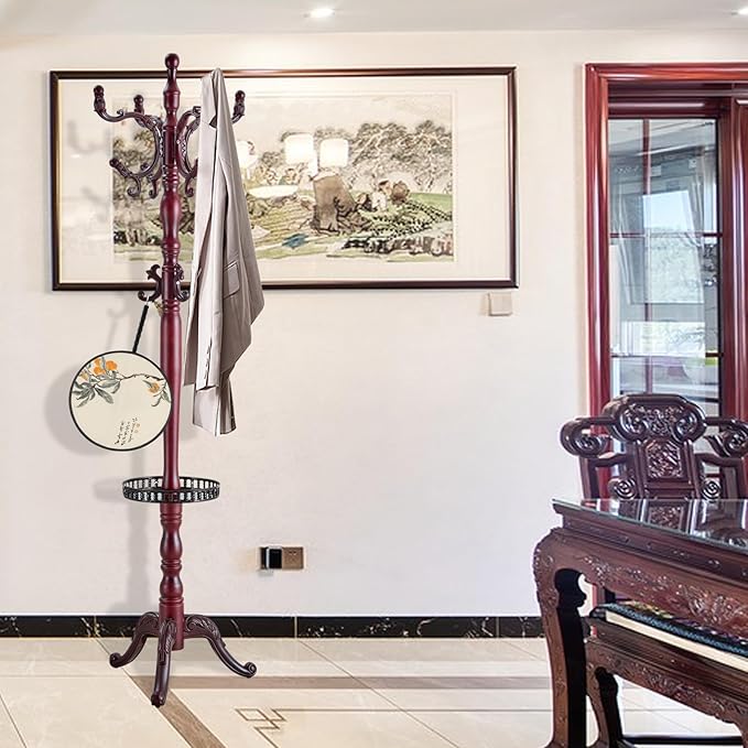 Coat Rack Freestanding, Wooden Tree Coat Rack Stand with 3 Adjustable Sizes Coat Tree and 14 Hooks, Sturdy Hall Tree with Solid Round Base for Entryway, Hallway,Bedroom (Reddish Tray)