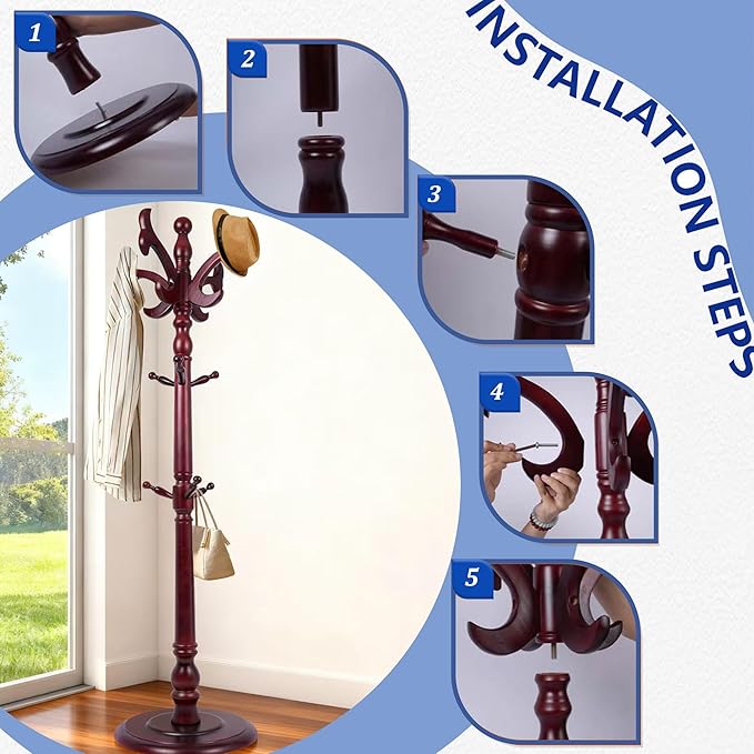 73" Wooden Freestanding Coat Rack，Easy to Adjust, Easy to Assemble for Children, Youth,Coat Rack Stand With Adults，18 Hooks and Round Solid Wood Base for Entrance Hallway Office Living Room (fishtail)