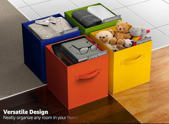 Sorbus 13 Inch Fabric Storage Cubes - Sturdy Collapsible Bins With Handle - 6 Foldable Baskets for Organizing Clothes, Toys, Books - Multi Colored Storage Baskets for Shelves, Kids Room, Closets