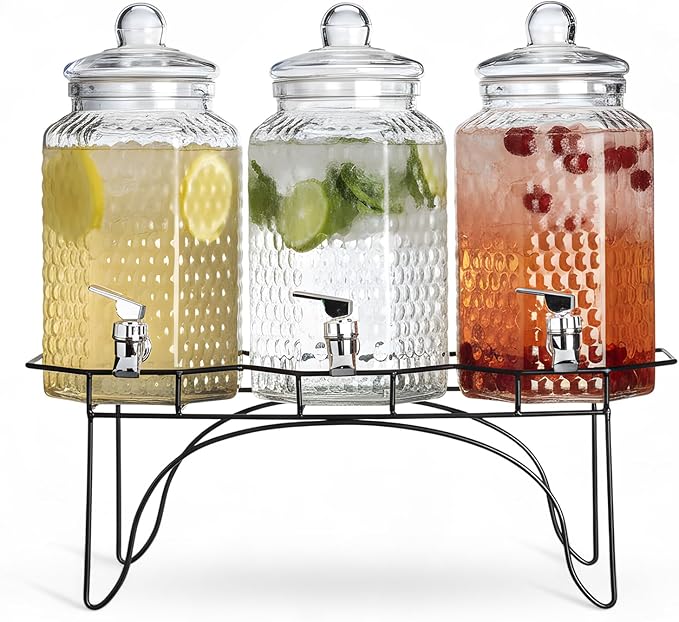 MosJos Drink Dispenser Set of 3 - Beverage Dispenser with Stand - Glass Drink Dispensers for Lemonade, Juice, Water, Iced Tea, Punch - 1-Gallon Countertop Party Drink Dispensers